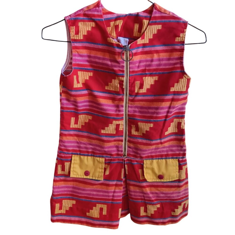 Vintage Girls 10 Dress 1960s King Kole Miami Sleeveless Zip Aztec Geometric mod